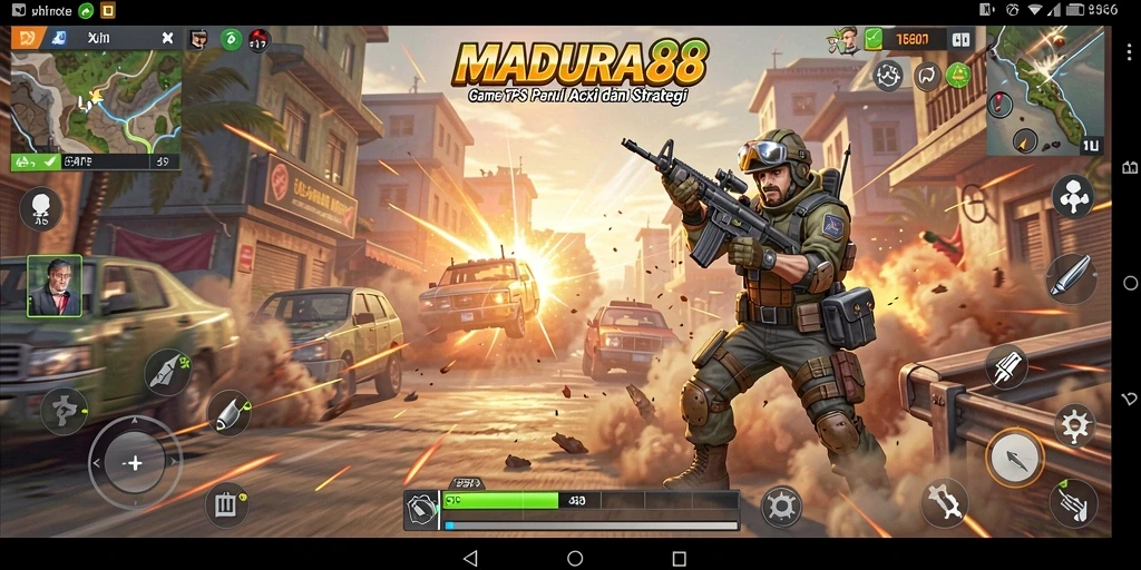 Tampilan gameplay menegangkan di MADURA88 dengan aksi tembak-menembak.