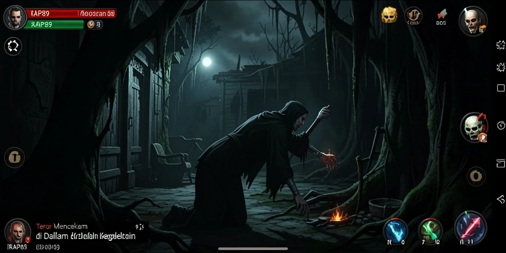 Screenshot gameplay RAP89 menampilkan suasana horror yang gelap dan menakutkan.