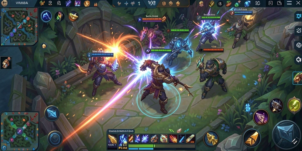Screenshot utama V98 menampilkan aksi seru pertempuran MOBA.